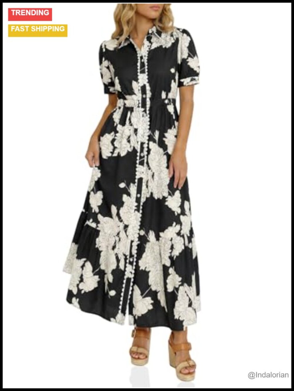 Womens Floral Maxi Shirt Dress Button Front Short Sleeve Drawstring Waist